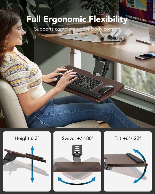 HUANUO Keyboard Tray Under Desk，360 Adjustable Ergonomic Sliding Keyboard & Mouse Tray, 25" W x 9.8" D, Brown - Image 3