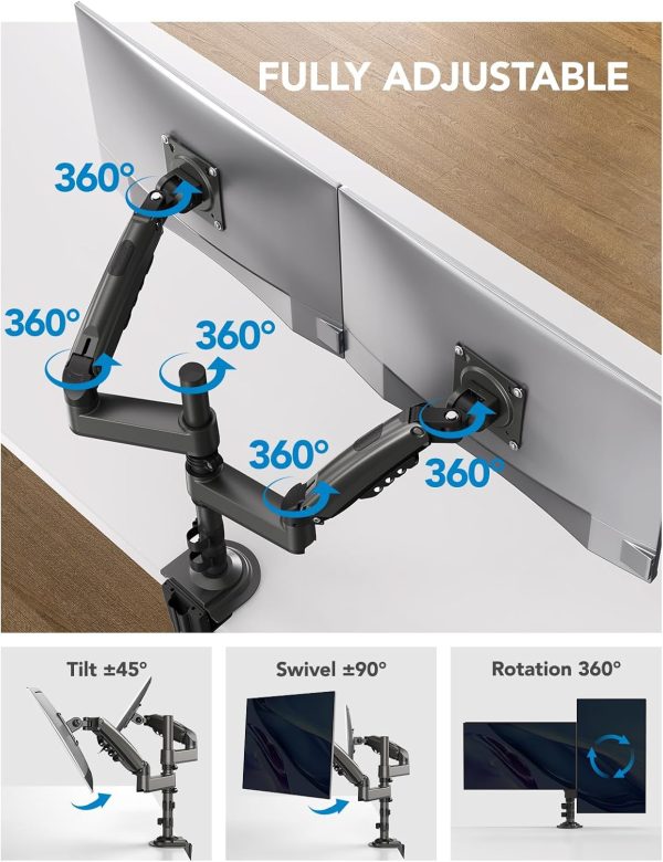 HUANUO 17-32 Inch Dual Monitor Stand, Gas Spring Dual Monitor Mount, Monitor Stand 2 Monitors, Ergonomic Adjustable Tilt/Swivel/Rotate, Weight Max 19.8 lbs, VESA 75/100mm - Image 4