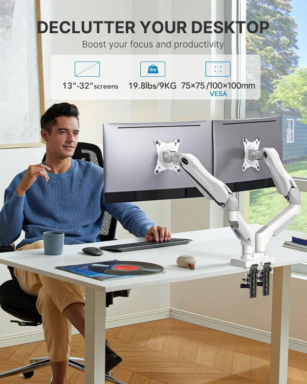 HUANUO Dual Monitor Stand - Full Adjustable Monitor Desk Mount Swivel Vesa Bracket with C Clamp, Grommet Mounting Base for 13 to 32 Inch Computer Screens - Each Arm Holds 4.4 to 19.8lbs - Image 11