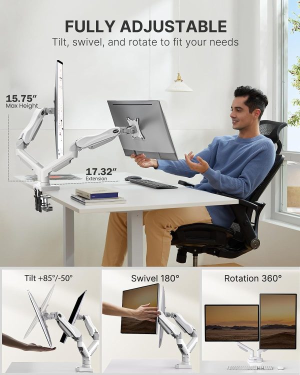 HUANUO Dual Monitor Stand - Full Adjustable Monitor Desk Mount Swivel Vesa Bracket with C Clamp, Grommet Mounting Base for 13 to 32 Inch Computer Screens - Each Arm Holds 4.4 to 19.8lbs - Image 12