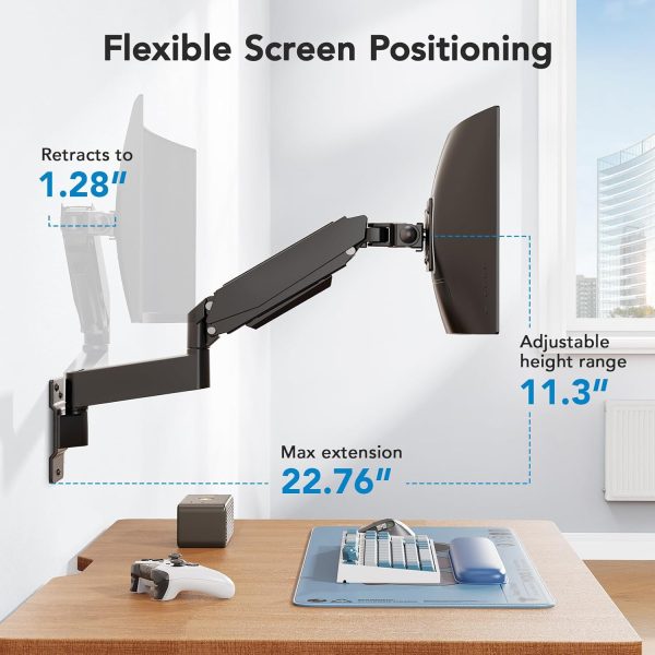 HUANUO 49 inch Ultrawide Monitor Wall Mount, Heavy Duty Screen Arm with Premium Aluminum, Supports up to 44 lbs, Gas Spring Wall Mount Monitor Arm for Height Adjustment, Tilt, Swivel, Rotate - Image 5