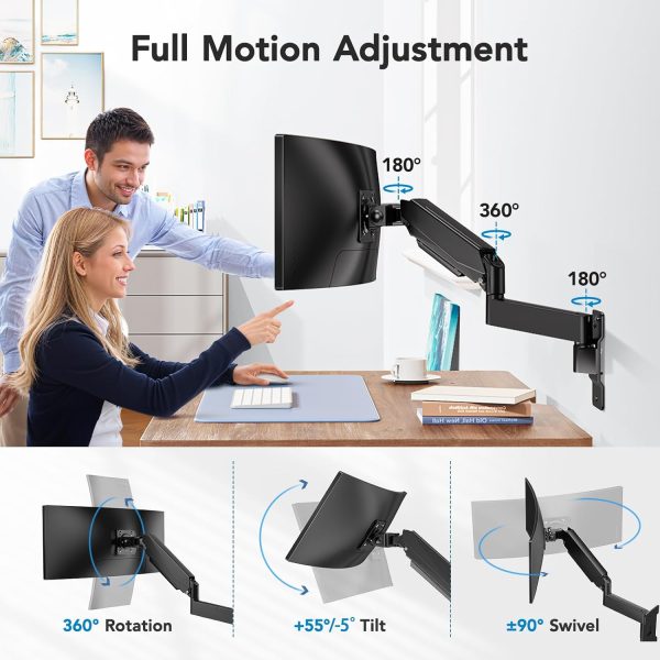 HUANUO 49 inch Ultrawide Monitor Wall Mount, Heavy Duty Screen Arm with Premium Aluminum, Supports up to 44 lbs, Gas Spring Wall Mount Monitor Arm for Height Adjustment, Tilt, Swivel, Rotate - Image 6