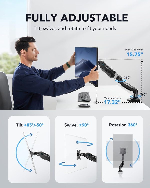 HUANUO Single Monitor Mount, 13 to 32 Inch Gas Monitor Arm, Adjustable Stand, Vesa Mount with Clamp and Grommet Base - Fits 4.4 to 19.8lbs LCD Computer Monitors - Image 4