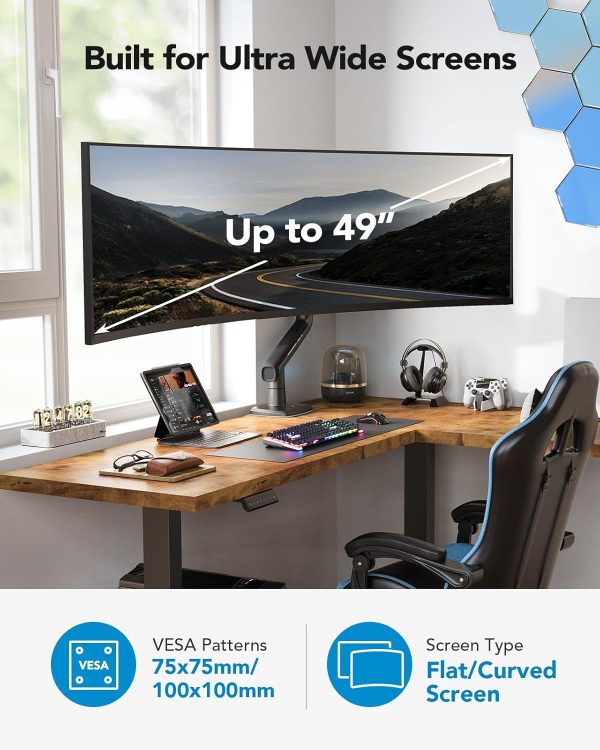 HUANUO Heavy Duty Monitor Arm for Ultrawide Screens up to 49", Holds 40 lbs,Aluminum Ultrawide Screen Desk Mount,Fully Adjustable Single Monitor Mount with C-clamp, Grommet Base, Max VESA 100x100 - Image 2