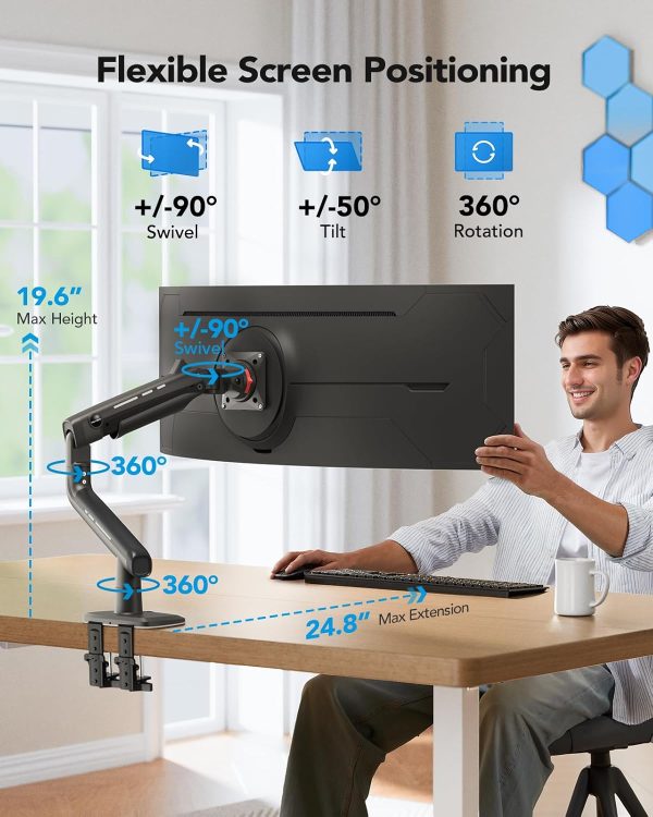 HUANUO Heavy Duty Monitor Arm for Ultrawide Screens up to 49", Holds 40 lbs,Aluminum Ultrawide Screen Desk Mount,Fully Adjustable Single Monitor Mount with C-clamp, Grommet Base, Max VESA 100x100 - Image 4