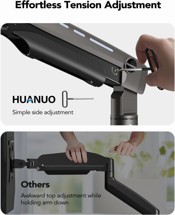 HUANUO Heavy Duty Monitor Arm for Ultrawide Screens up to 49", Holds 40 lbs,Aluminum Ultrawide Screen Desk Mount,Fully Adjustable Single Monitor Mount with C-clamp, Grommet Base, Max VESA 100x100 - Image 5