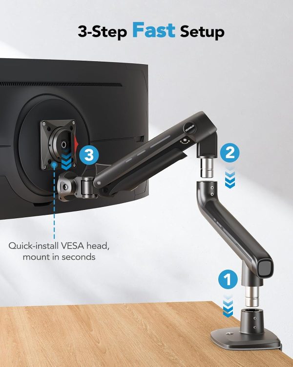 HUANUO Heavy Duty Monitor Arm for Ultrawide Screens up to 49", Holds 40 lbs,Aluminum Ultrawide Screen Desk Mount,Fully Adjustable Single Monitor Mount with C-clamp, Grommet Base, Max VESA 100x100 - Image 6