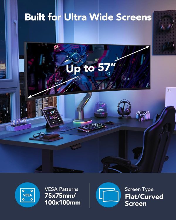 HUANUO Heavy Duty Monitor Arm for Ultrawide Screens up to 49", Holds 40 lbs,Aluminum Ultrawide Screen Desk Mount,Fully Adjustable Single Monitor Mount with C-clamp, Grommet Base, Max VESA 100x100 - Image 10