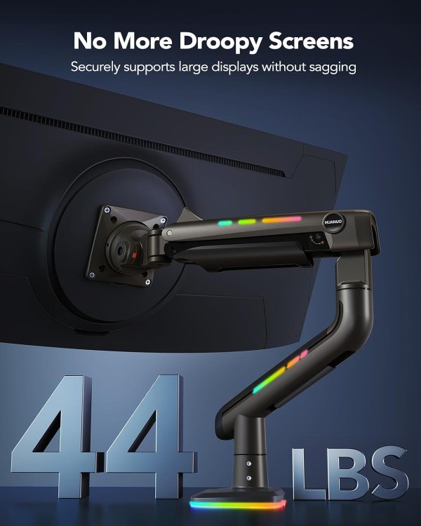 HUANUO Heavy Duty Monitor Arm for Ultrawide Screens up to 49", Holds 40 lbs,Aluminum Ultrawide Screen Desk Mount,Fully Adjustable Single Monitor Mount with C-clamp, Grommet Base, Max VESA 100x100 - Image 11
