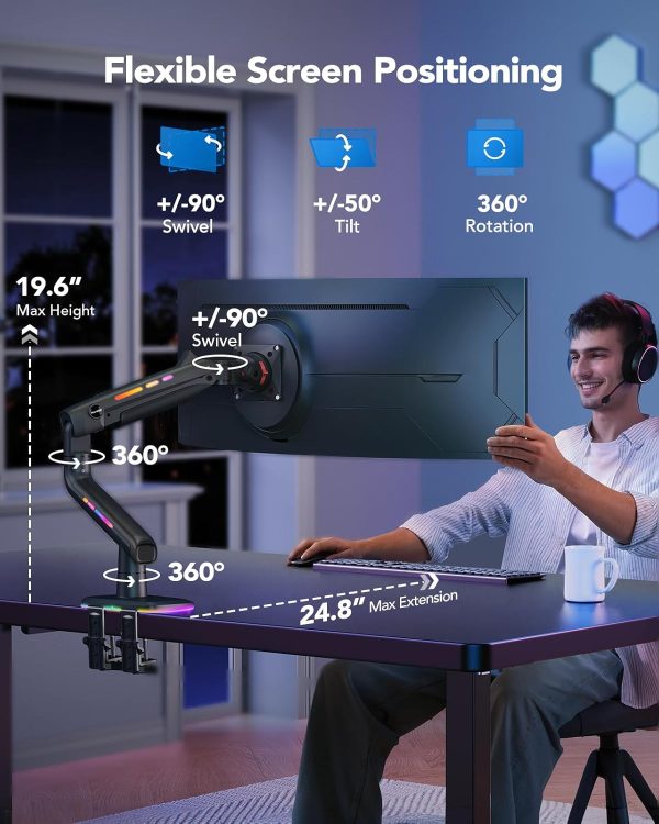 HUANUO Heavy Duty Monitor Arm for Ultrawide Screens up to 49", Holds 40 lbs,Aluminum Ultrawide Screen Desk Mount,Fully Adjustable Single Monitor Mount with C-clamp, Grommet Base, Max VESA 100x100 - Image 12
