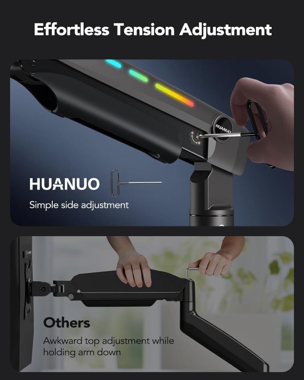 HUANUO Heavy Duty Monitor Arm for Ultrawide Screens up to 49", Holds 40 lbs,Aluminum Ultrawide Screen Desk Mount,Fully Adjustable Single Monitor Mount with C-clamp, Grommet Base, Max VESA 100x100 - Image 13