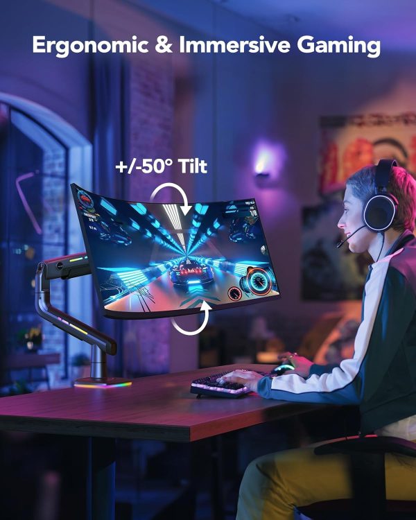 HUANUO Heavy Duty Monitor Arm for Ultrawide Screens up to 49", Holds 40 lbs,Aluminum Ultrawide Screen Desk Mount,Fully Adjustable Single Monitor Mount with C-clamp, Grommet Base, Max VESA 100x100 - Image 14