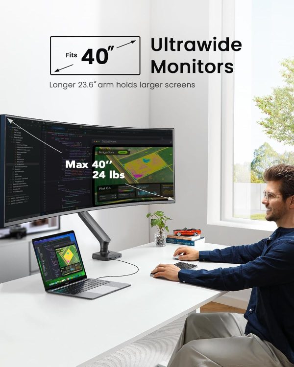 Single Monitor Mount for 13-40 Inch Screens up to 24 lbs, Ergonomic Adjustable Monitor Arm with Built-in USB 3.0 Hub, Space-Saving VESA Desk Mount for Home Office & Gaming, C-Clamp & Grommet Base - Image 2